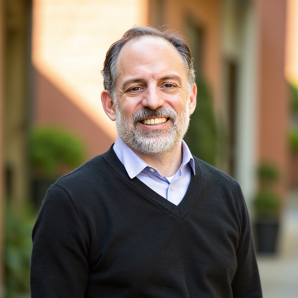A middle-aged man with gray hair and beard smiling outdoors, wearing a light blue collared shirt and black sweater, with a blurred background of plants and building.