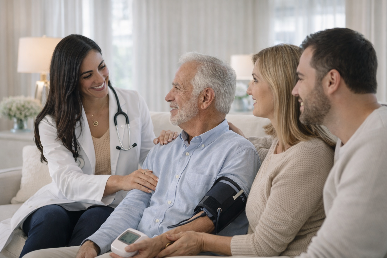 A healthcare professional, a female doctor, is smiling and talking to an elderly man with a blood pressure cuff on his arm. The man is sitting on a sofa with a family member, a woman, beside him. Another man is sitting next to the woman, all smiling and engaging in the conversation in a bright, cozy room.