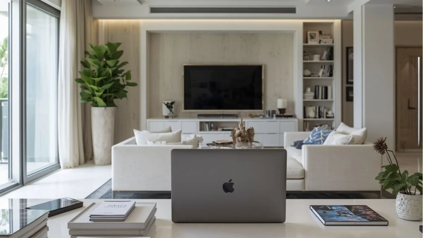 Modern living room with white couch, large potted plant, flat-screen TV, built-in white shelving, large windows with white curtains, and a laptop on a white coffee table.