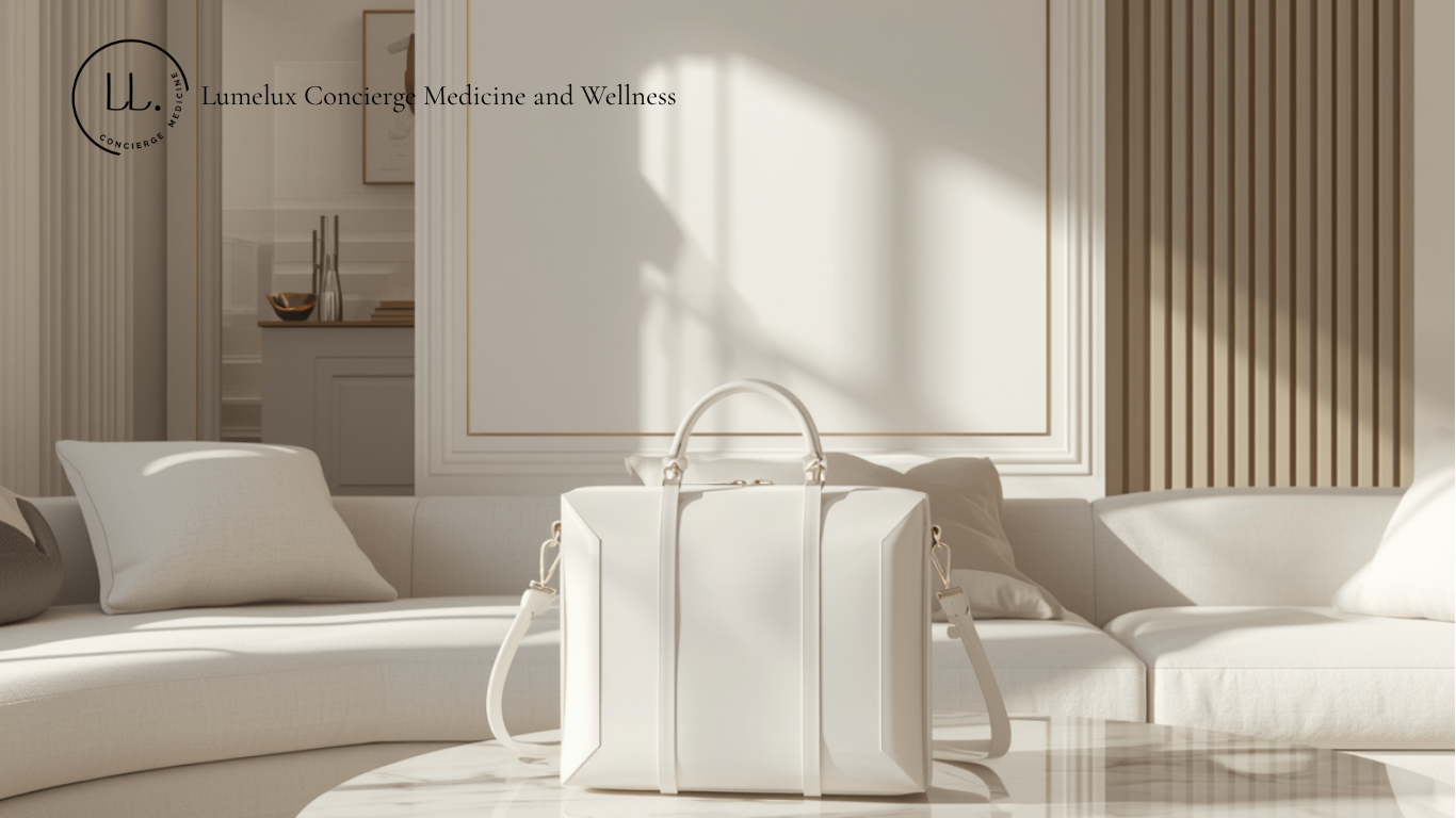 A white Medical handbag placed on a white marble coffee table in a bright, modern living room with beige and wooden accents.