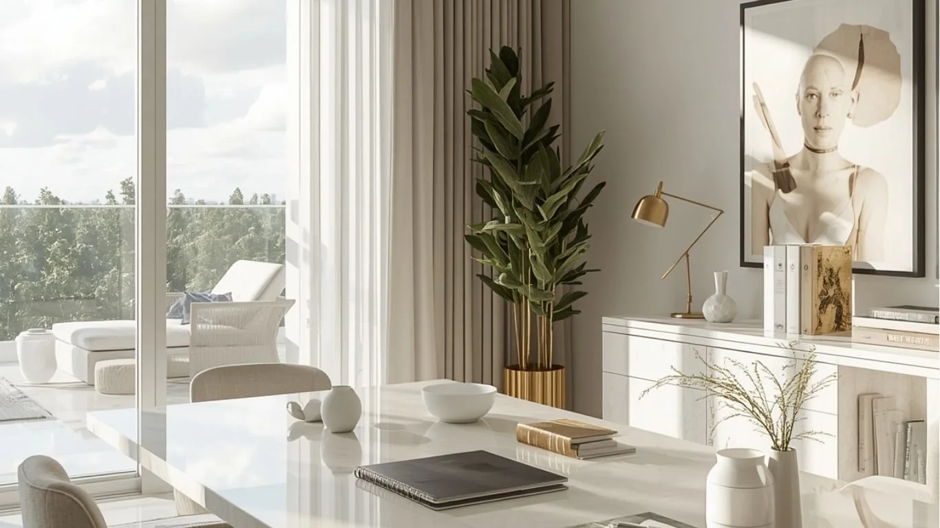Modern interior dining room with white table, vases, books, and a large plant, next to a sunlit living area with outdoor view.