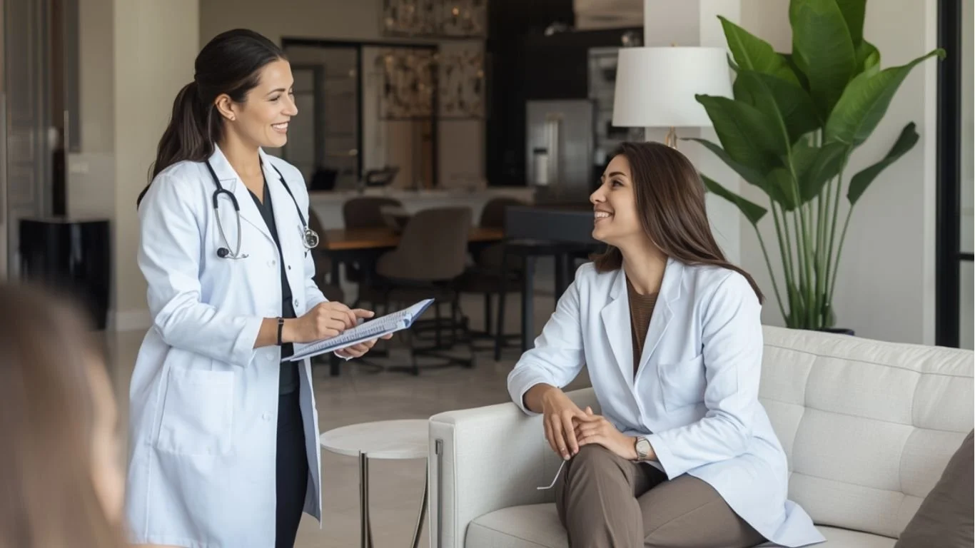 A female doctor with a stethoscope around her neck is smiling and holding a clipboard while talking with a woman seated on a couch in a modern medical clinic or office.