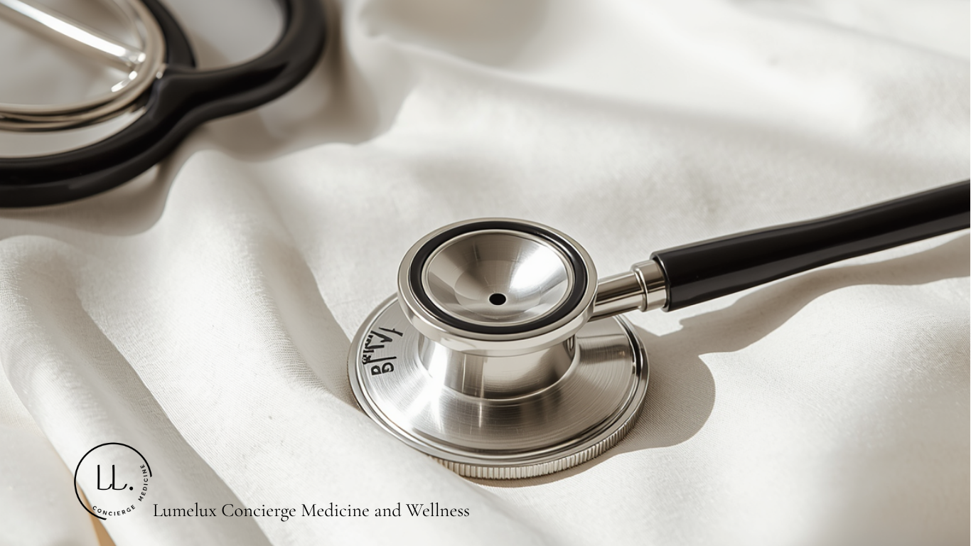 Stethoscope placed on a white cloth, with a partial view of other medical instruments in the background.