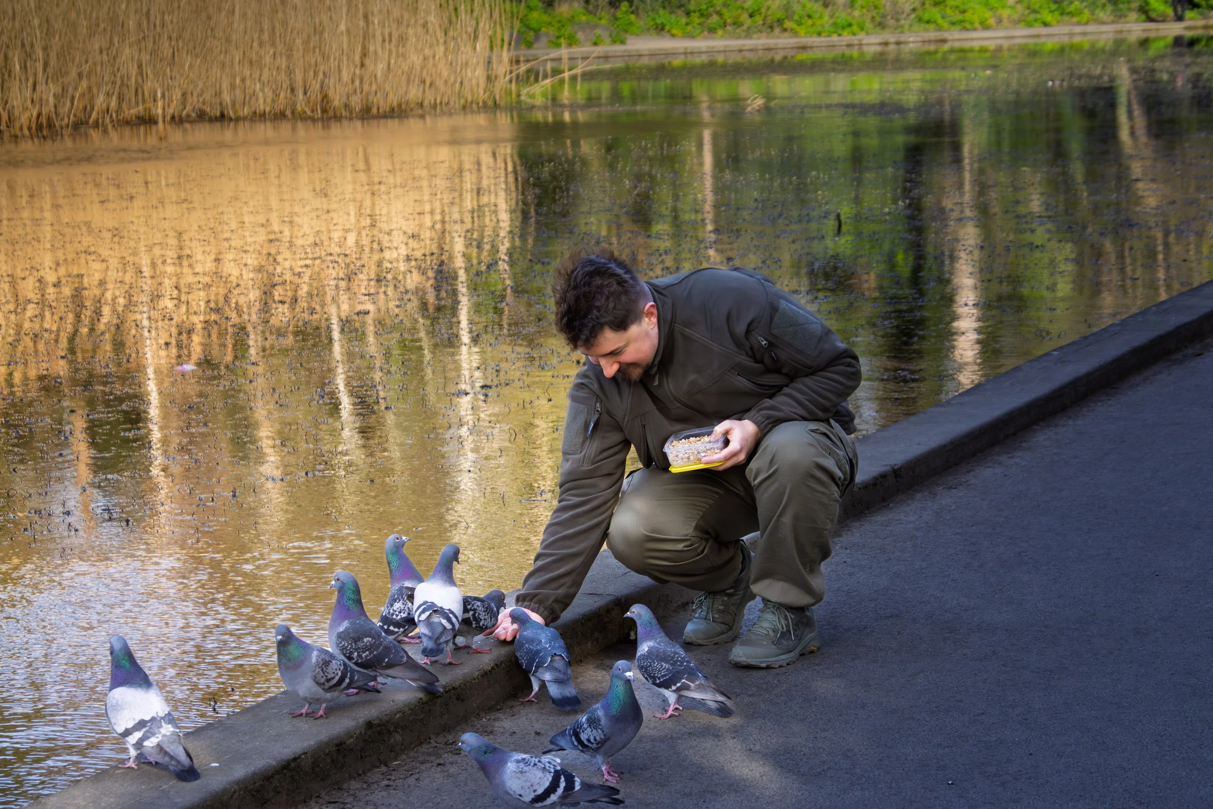 A man crouching by a pond feeding pigeons.
