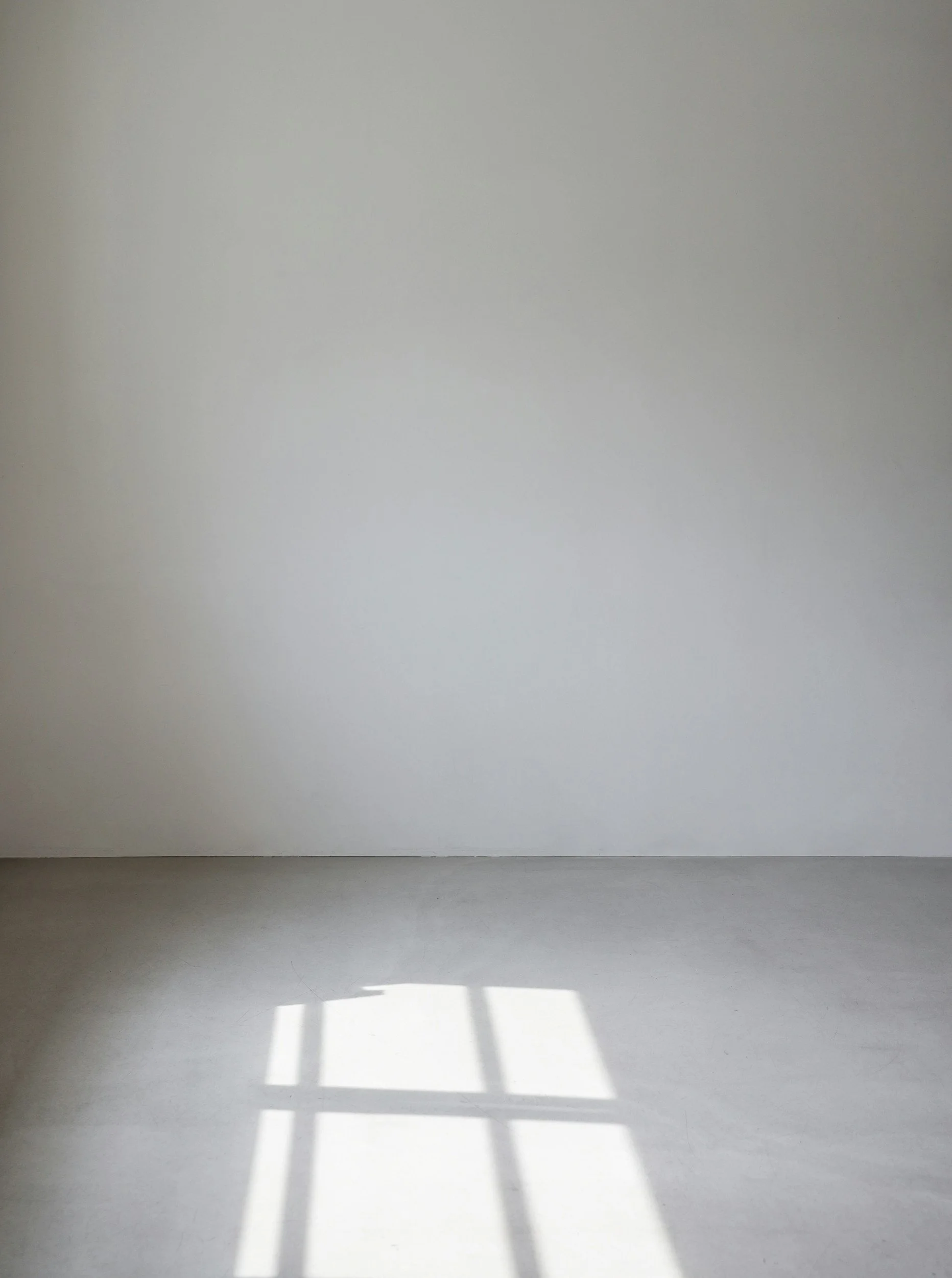 A white gallery space with a minimalistic setup, featuring white walls and a plain white floor. Sunlight streams in through windows, casting shadow patterns on the floor.