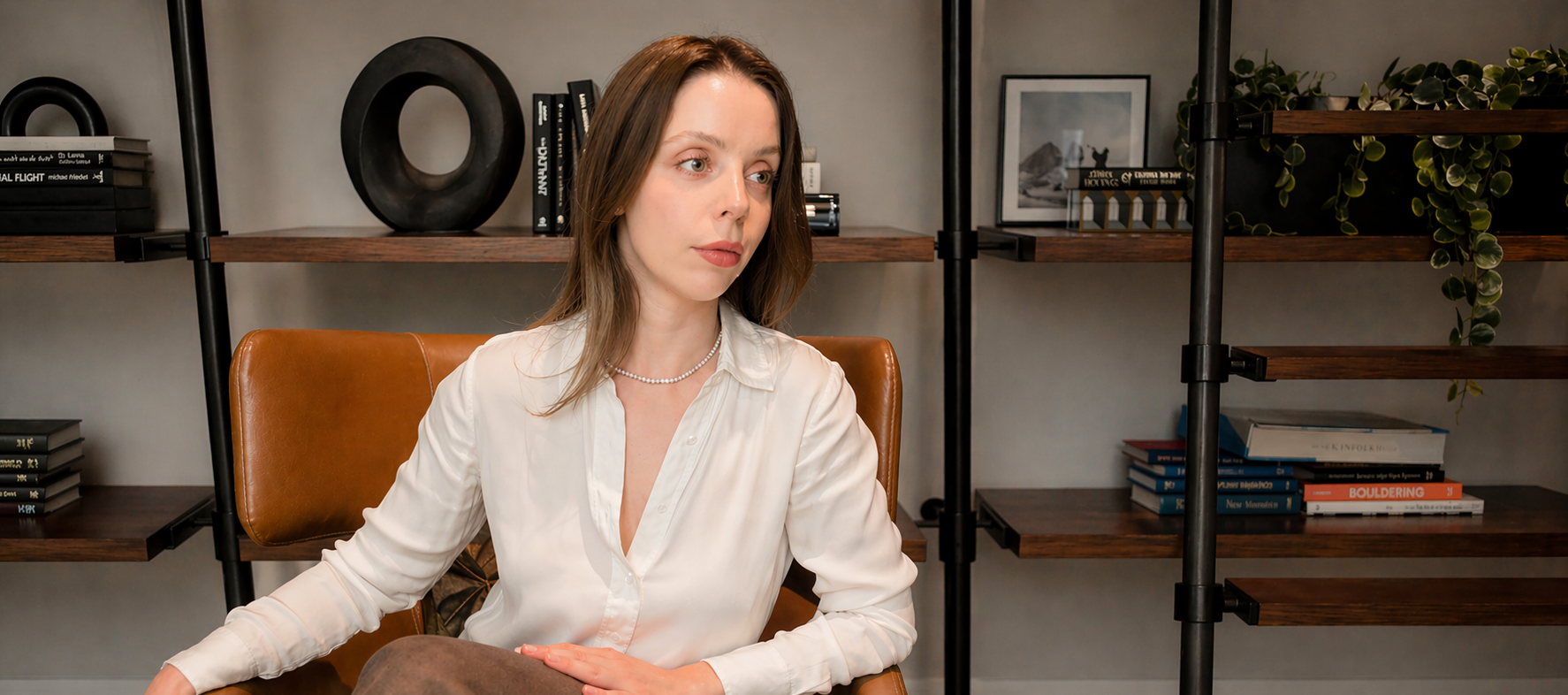 A woman with long brown hair, wearing a white shirt and pearl necklace, sitting in a brown leather chair in front of a bookshelf with black and white books and a black sculpture in a room with gray walls.