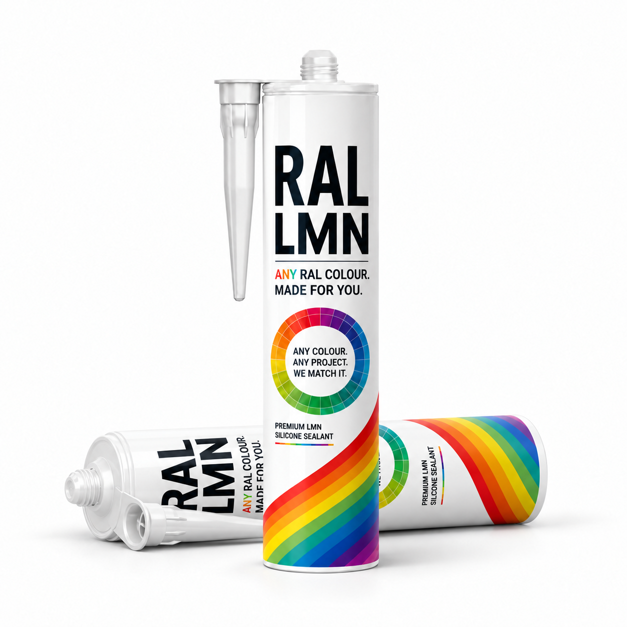 Two cylindrical cans of silicone sealant with rainbow color wheel and text indicating customizable colors.