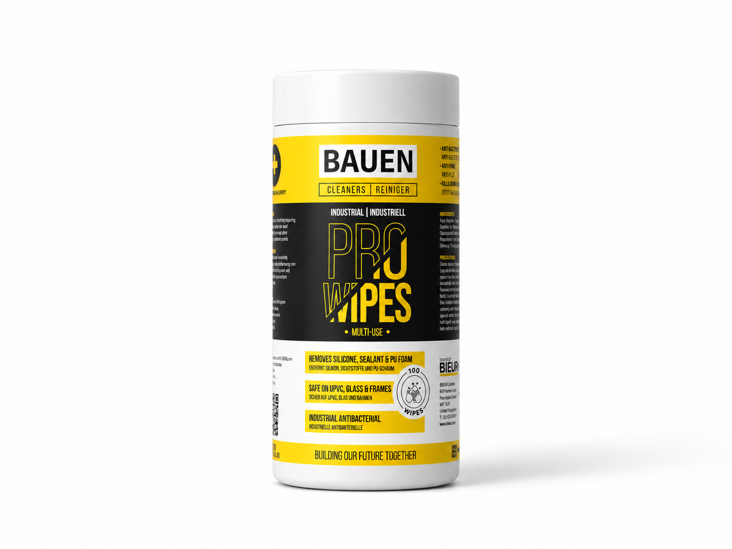 Container of BAUEN PRO WIPES with black, yellow, and white labeling, indicating industrial multi-use cleaning wipes for removing silicone, sealant, and PU foam, and safe on UPVC, glass, and frames.