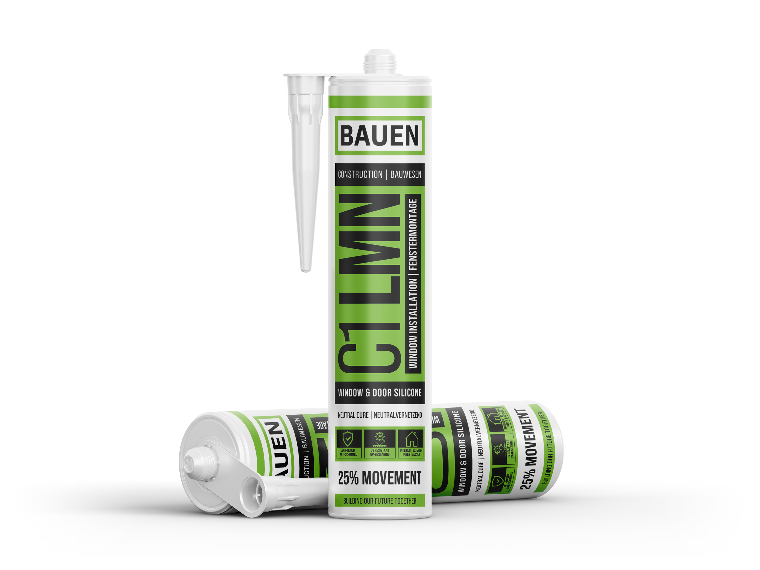 Two tubes of BAUEN C1 premium LMN window and door silicone sealant, with one standing upright and two lying down, featuring green, black, and white labeling for construction use.