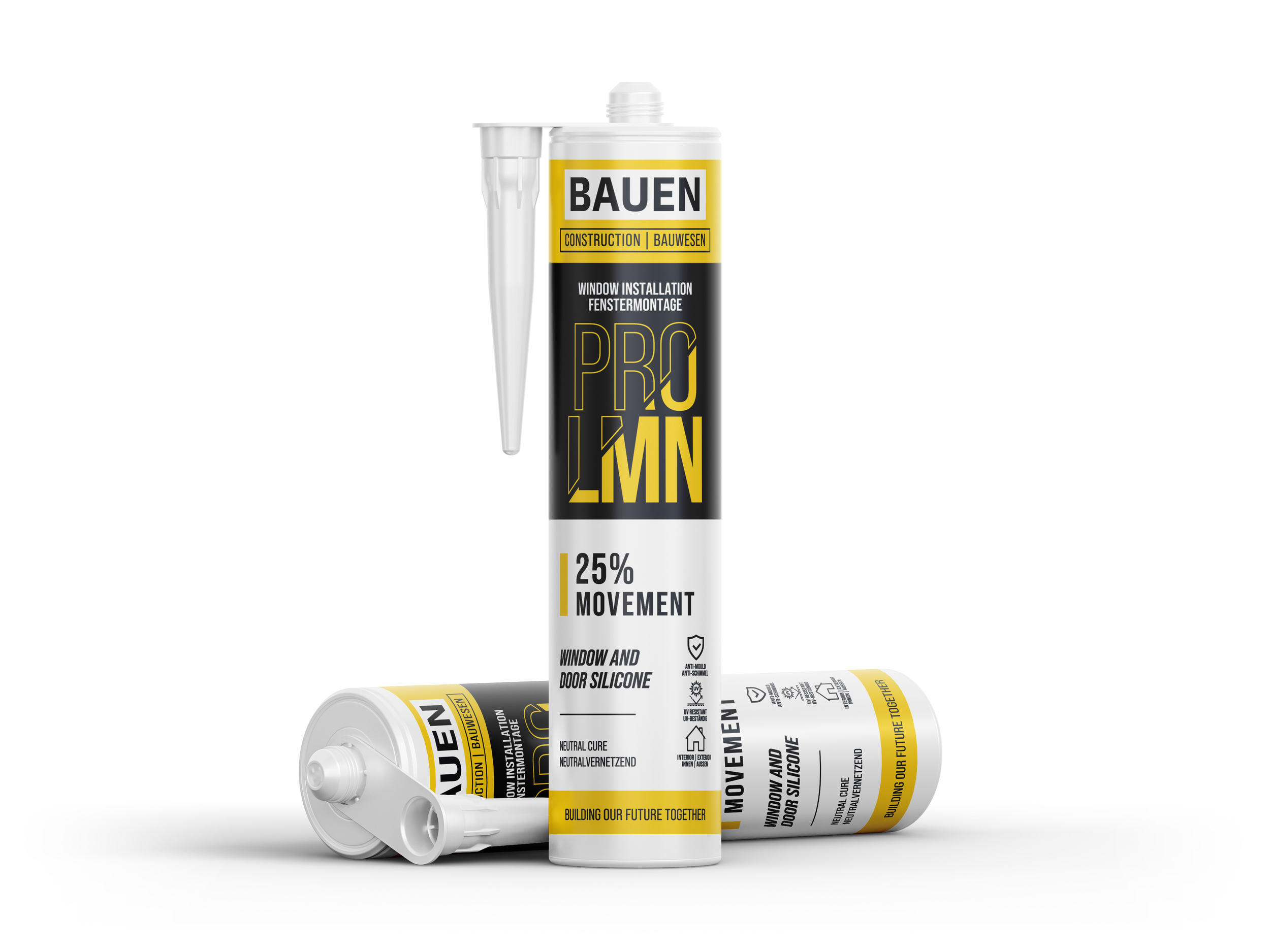 Two white tubes of PRO LMN silicone sealant with black and yellow labels, one standing upright and the other lying horizontally. The labels indicate it is for window and door installation and is 25% movement compliant.