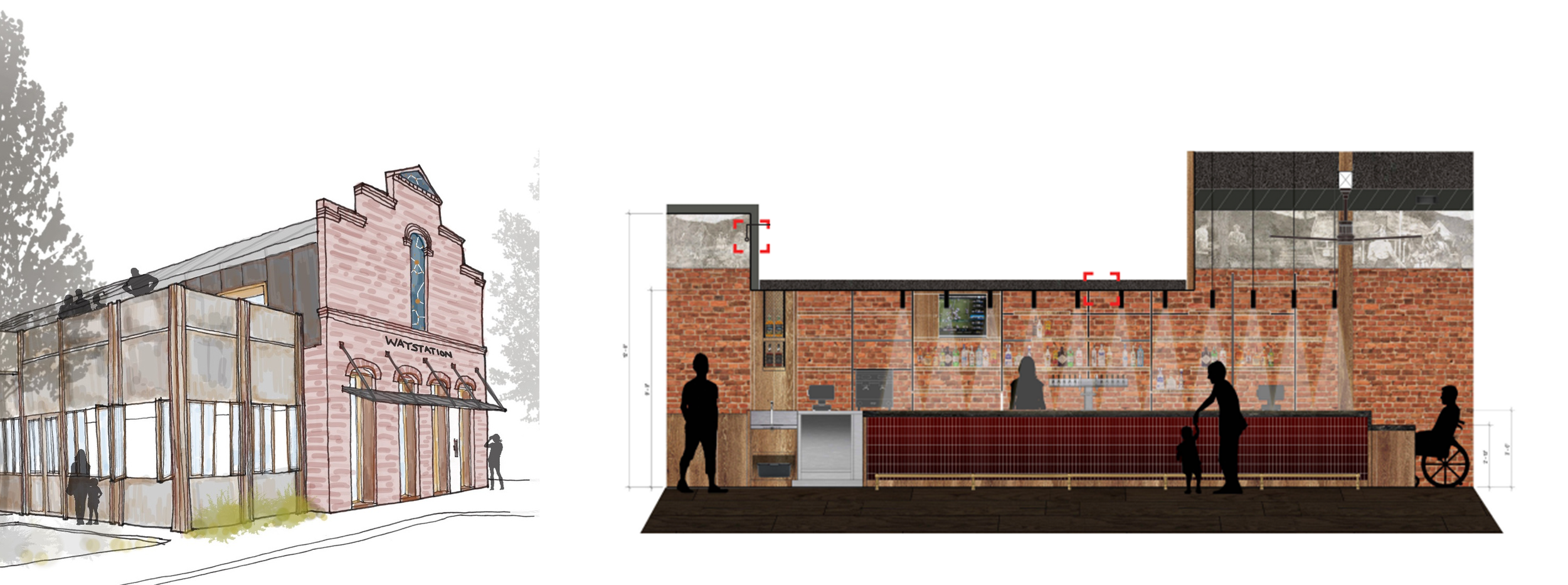 Architectural exterior render of the Way Station, along with a section looking towards the full-service bar.
