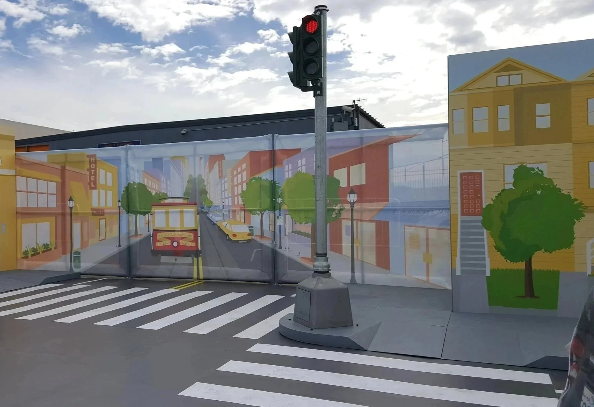 The streetscape included stylized backdrops to fully immerse the students.
