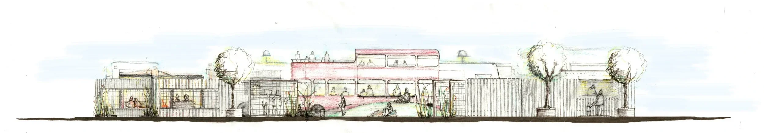 Hand-drawn conceptual sketch, showing a double-decker bus anchoring a food truck park with trees, latticed fences and unique seating structures, while patrons engage in various activities