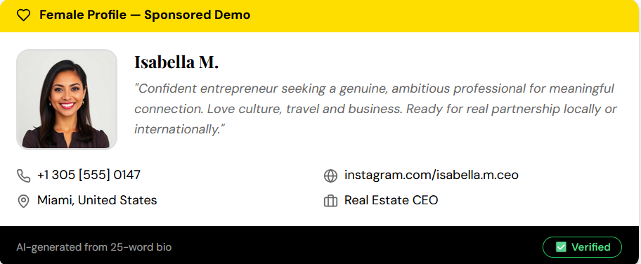 A digital business card for Business Partnership Network dating profile.