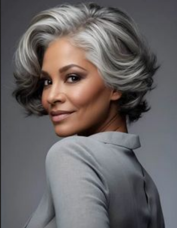 A confident older woman with silver hair styled in voluminous waves.