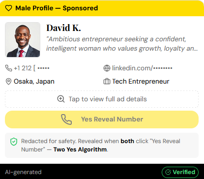 LinkedIn profile card for David K., male entrepreneur from Osaka, Japan, with contact details and a professional photo.