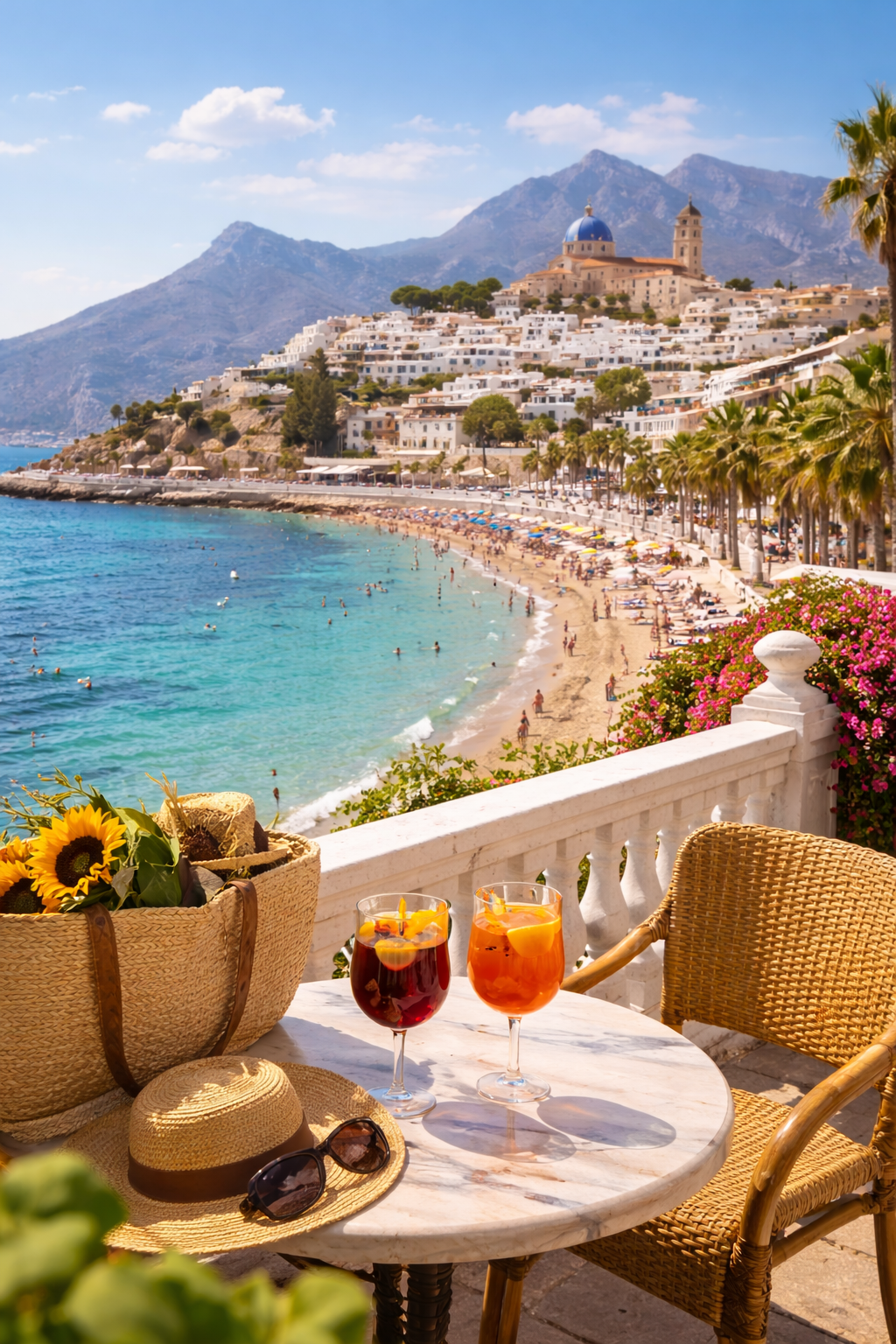 A terrace view overlooking a beach with sunbathers and umbrellas, Mediterranean-style hillside town with white buildings and a church with a blue dome, mountain background, table with two drinks, a sunhat, and sunglasses.