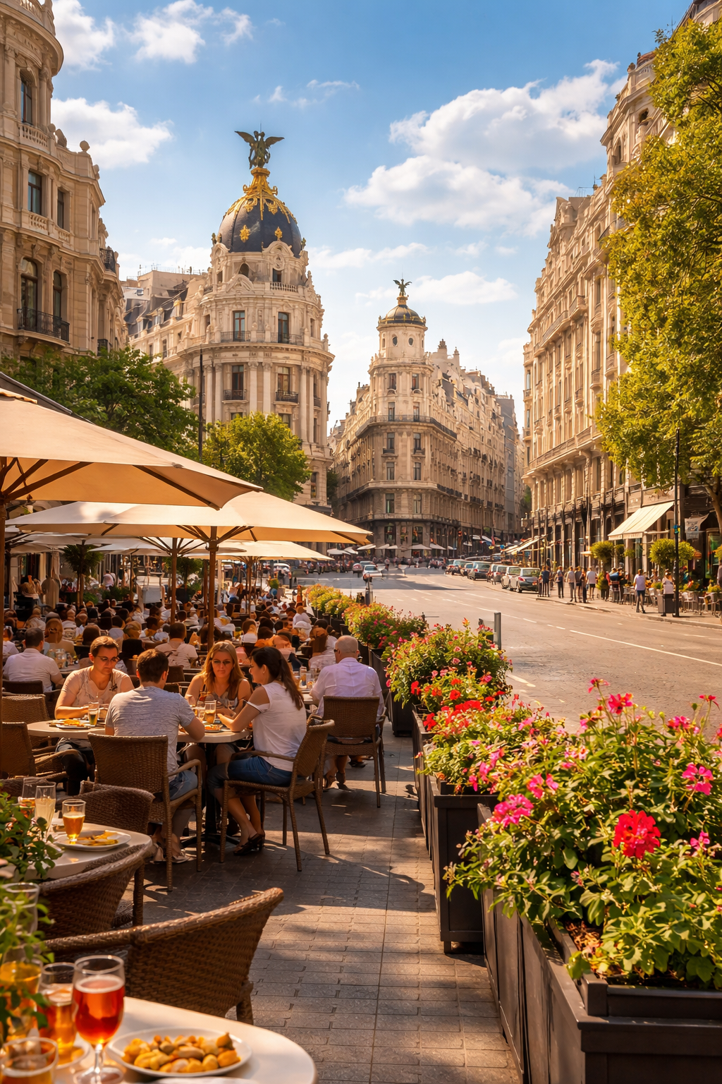 Outdoor cafe on a city street in front of historical buildings with ornate architecture, large domed towers with golden accents, people dining under umbrellas, and colorful flowers along the sidewalk on a sunny day.