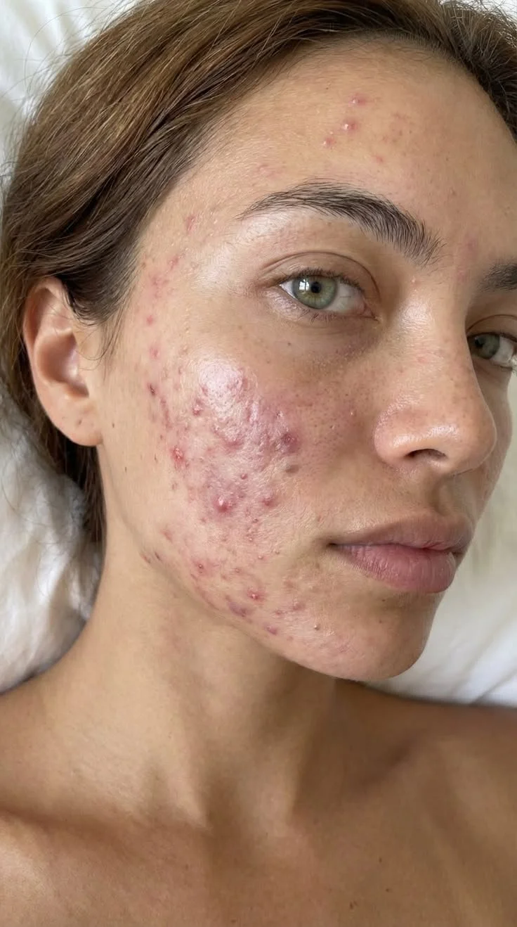 Close-up of a woman's face with acne and skin blemishes.