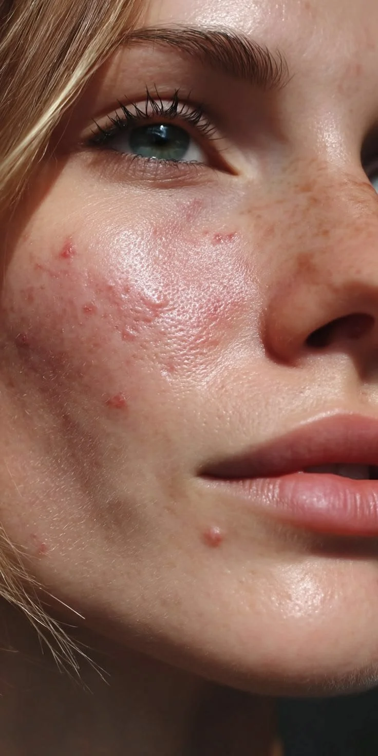 Close-up of a young woman's face highlighting acne and skin texture.