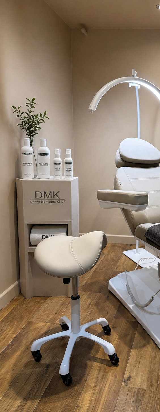 Dental office with dental chair, stool, and equipment, including bottles of cleaning products and a small plant on a shelf.