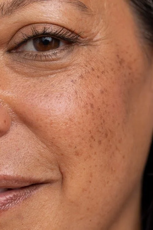 Close-up of a woman's face showing brown skin with freckles, focusing on the eye, cheek, and part of her mouth.