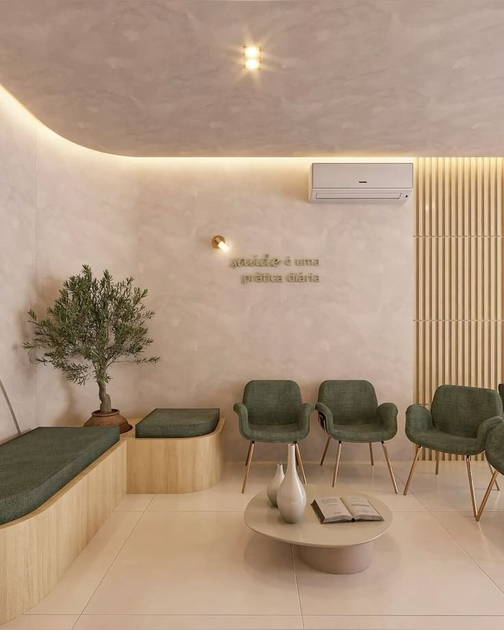 Minimalist modern waiting area with green chairs, a round coffee table with decorative vases, a small tree, and a wall with a quote in Portuguese that translates to 'You have a practical attitude.'