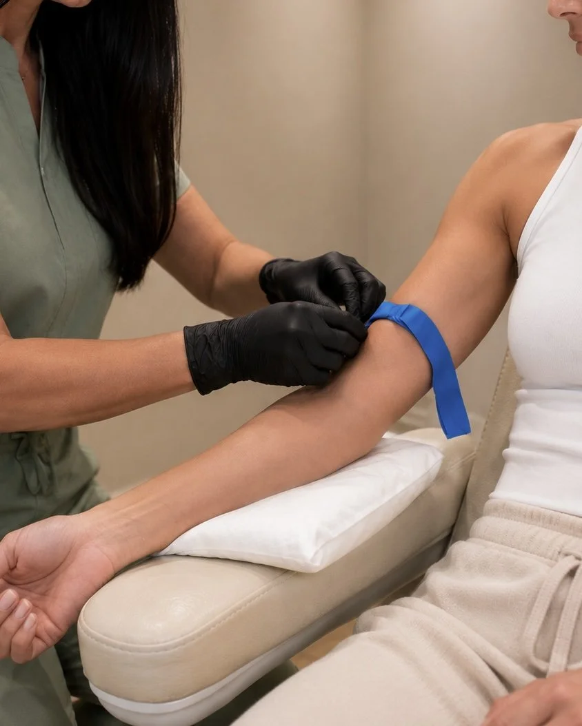 Healthcare worker with black gloves drawing blood from a patient's arm for a blood test or donation.