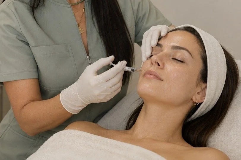 A woman lying down with her eyes closed, receiving a cosmetic facial injection from a healthcare professional wearing gloves.