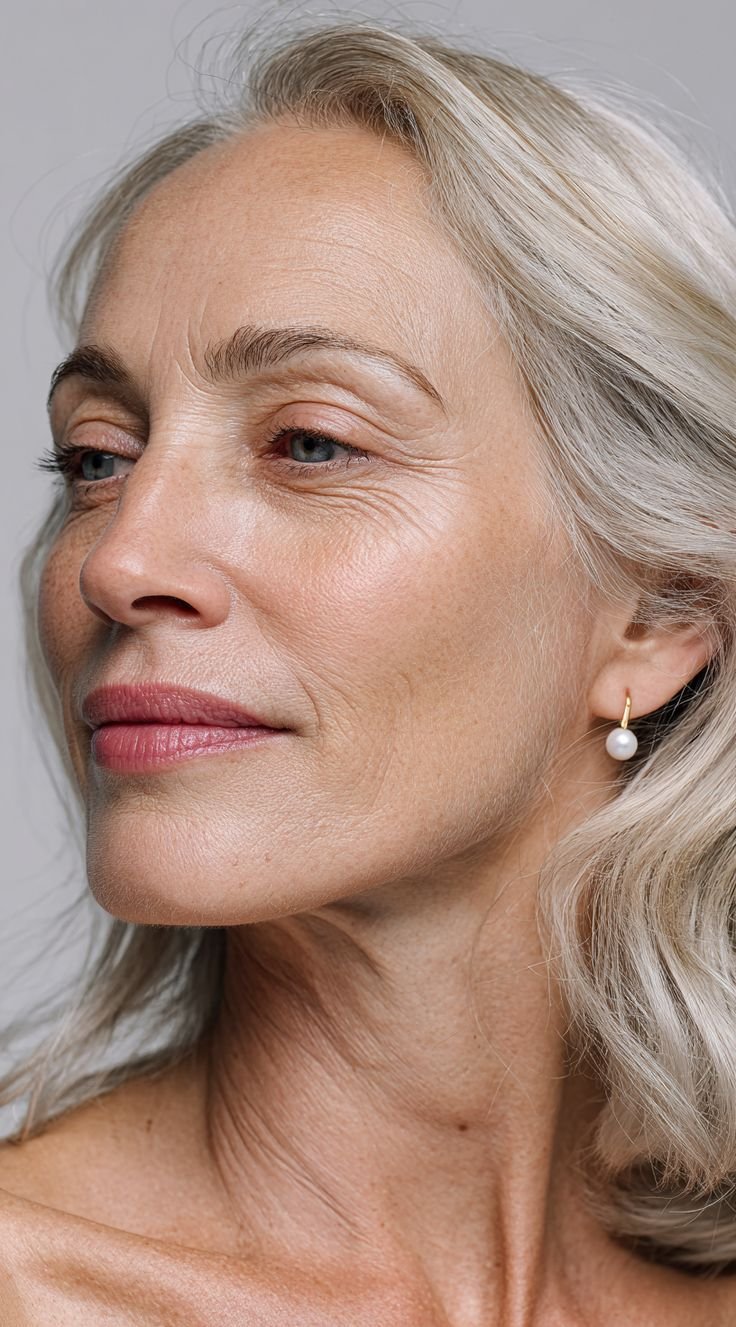 Close-up of a mature woman with blue eyes, gray hair, and pearl earring, looking to the left.