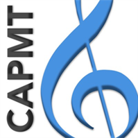 California Association of Professional Music Teachers Logo with bent blue musical treble clef and the word 'CAPMT' in black vertical letters