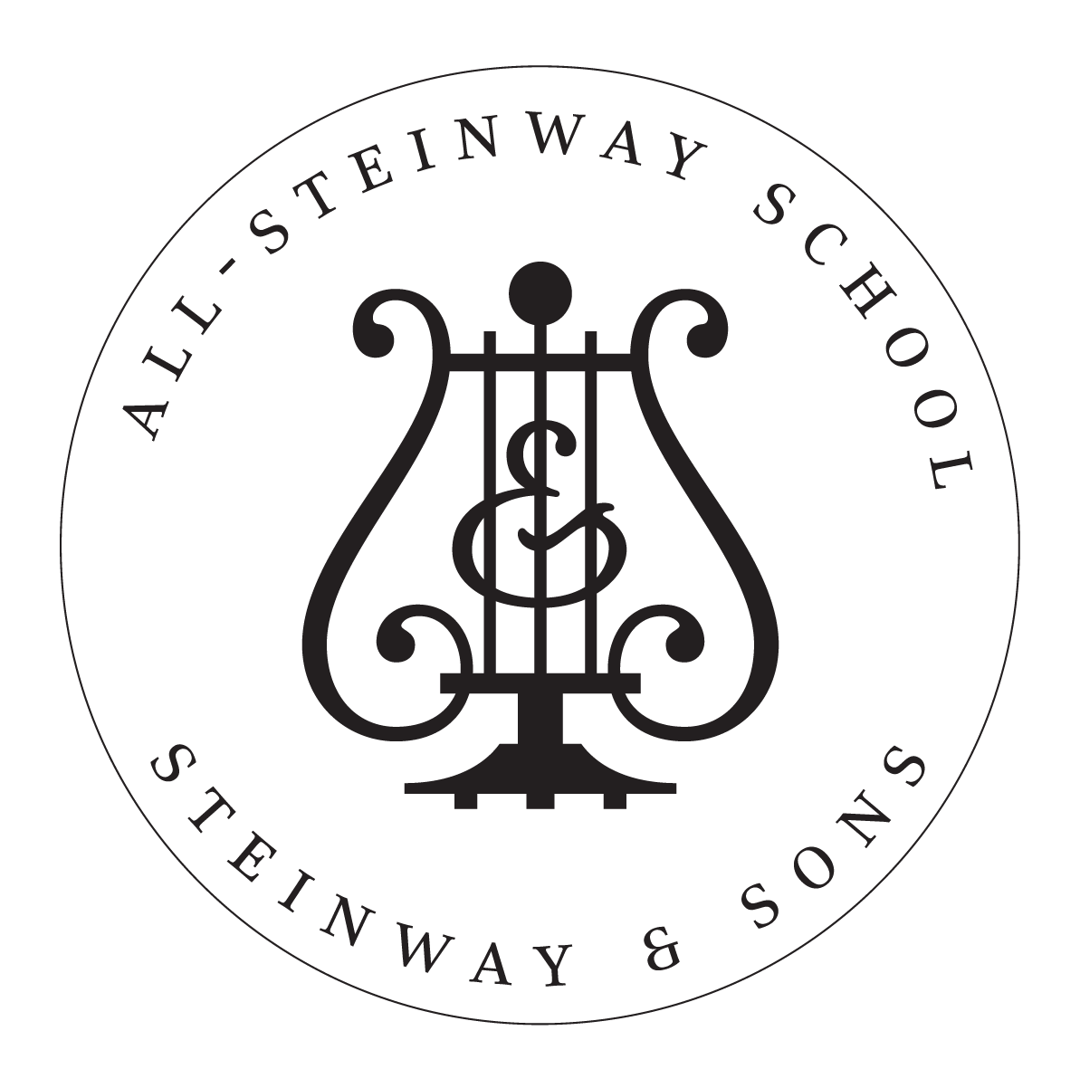 Logo of Steinway & Sons, All Steinway School with a black lyre symbol centered inside a circular border containing the company name.