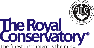 Logo of The Royal Conservatory featuring a circular emblem with a hand playing a musical instrument and the text 'The Royal Conservatory 1886' surrounding it. Below the logo, the text reads 'The Royal Conservatory - The finest instrument is the mind.