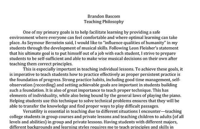 A typed document titled 'Brandon Bascom Teaching Philosophy' discussing goals for effective music education, including fostering self-sufficiency, practicing habits, and adapting to different student groups.