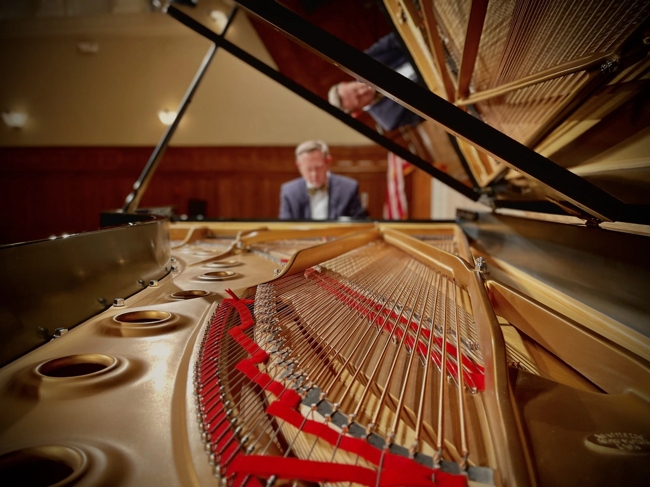 Close-up of a grand piano's interior showing strings and wooden components, with a man in a suit and bowtie playing it in the background.