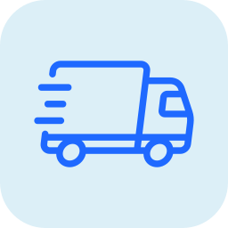 Simple blue delivery truck icon on light blue background