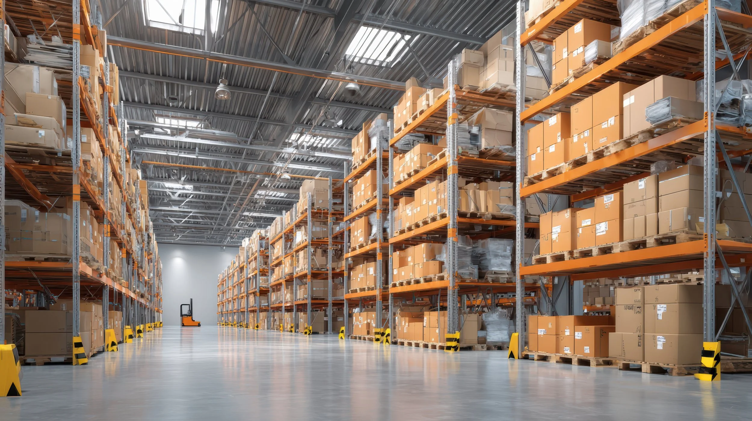 Empty warehouse aisle with tall orange shelving filled with brown cardboard boxes, plastic-wrapped pallets, and miscellaneous supplies, illuminated by overhead lights, with a forklift in the distance.