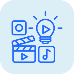 Icons of a camera, light bulb with play button, film clapperboard, music note, and video player.