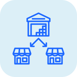 Diagram of a warehouse connected to two small storefronts by arrows.