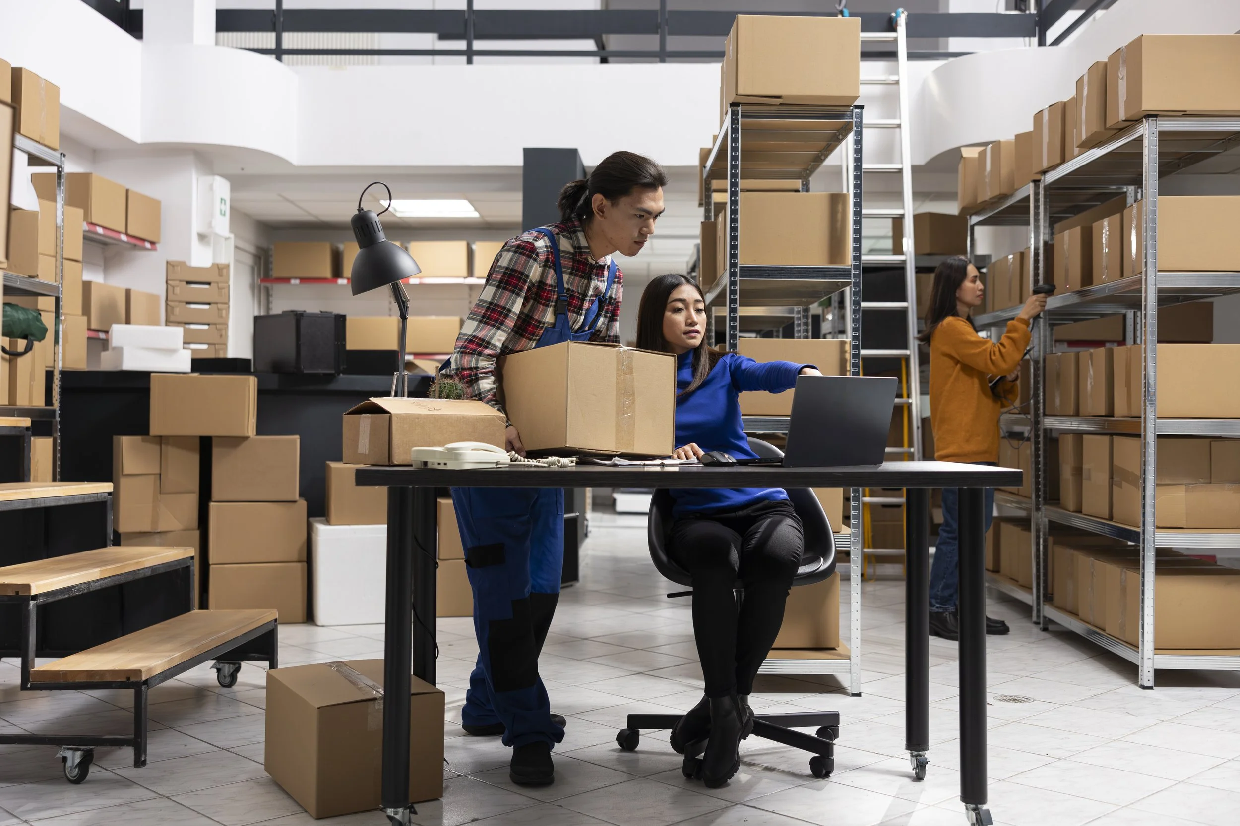 Three women working in a warehouse. One is sitting at a desk with a laptop, and two are organizing shelves with boxes.