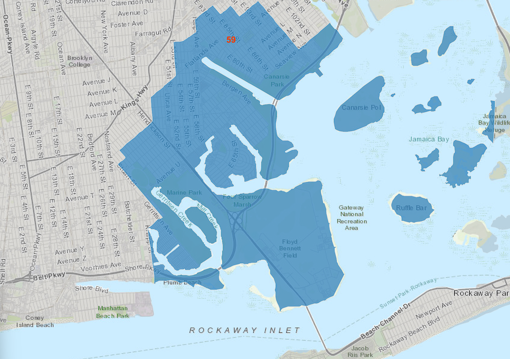 Map of Brooklyn and surrounding areas highlighting water bodies, parks, and streets in blue, including Jamaica Bay, Canarsie Pol, and Gateway National Recreation Area.