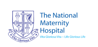 Logo of The National Maternity Hospital featuring four shield symbols with anchors and a chalice, with the hospital name and the slogan 'Vita Gloriosa Vita — Life Glorious Life'.