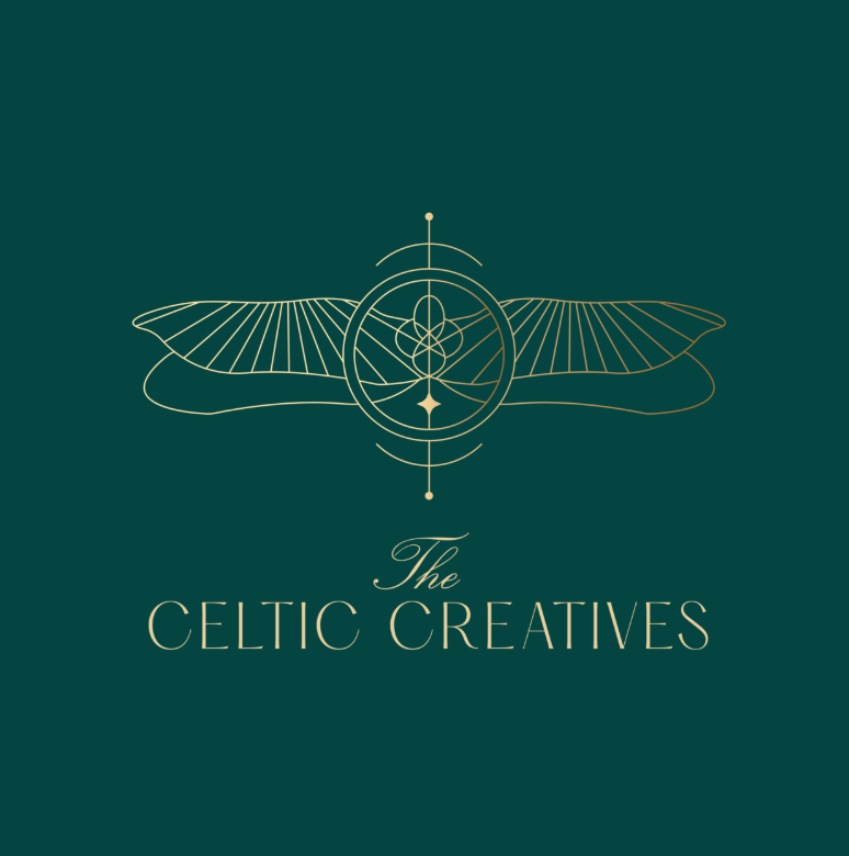 Elegant logo featuring a stylized moth with geometric wings and a star, accompanied by the text "The Celtic Creatives" on a dark green background.
