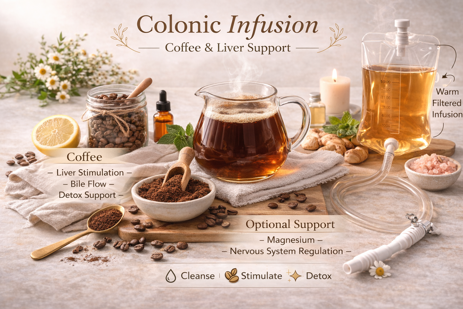 A wooden surface with a glass pot of warm herbal tea, a jar of coffee beans, lemon half, ginger root, and various herbal ingredients. Text overlay promotes colonic infusion for coffee and liver support, featuring optional magnesium for nervous system regulation, with icons for cleanse, stimulate, and detox.