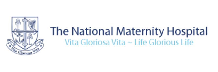 Logo of The National Maternity Hospital with a shield emblem and the motto 'Vita Gloriosa Vita' alongside the hospital name and slogan 'Life Glorious Life'