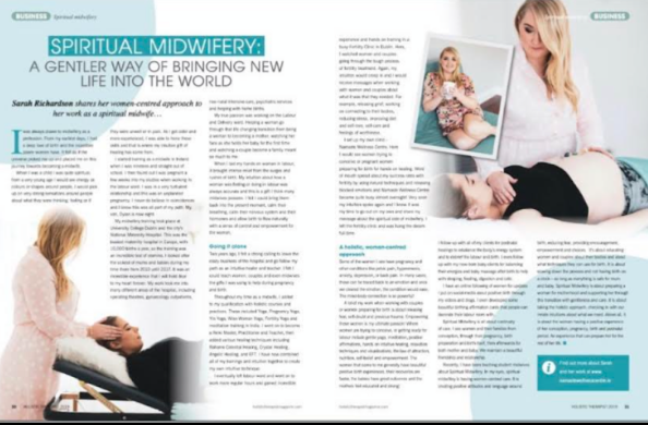 A magazine article titled 'Spiritual Midwifery: A Gentler Way of Bringing New Life into the World.' It features images of women and babies, including a woman holding a newborn, a woman lying on a medical examination table, and a woman standing next to a woman lying down. The article discusses midwifery, spiritual approaches to childbirth, and women's health.