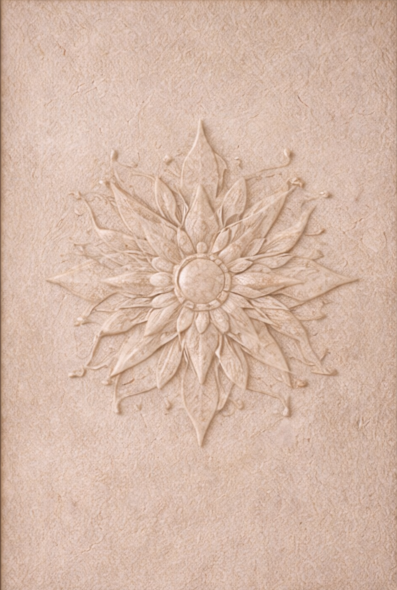 Detailed beige carved relief of a star-shaped floral pattern on a textured wall.