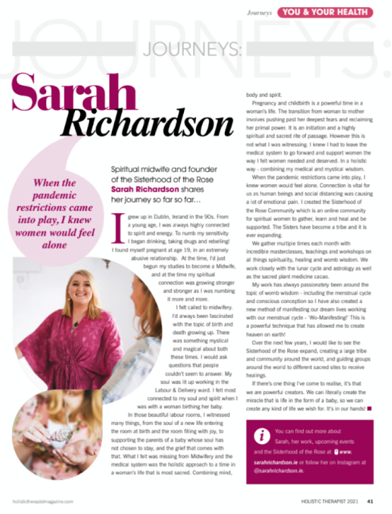 Page from a magazine featuring Sarah Richardson, spiritual midwife and founder of the Sisterhood of the Rose, with text about her journey and work during the pandemic, including a photo of her wearing a pink top and smiling.