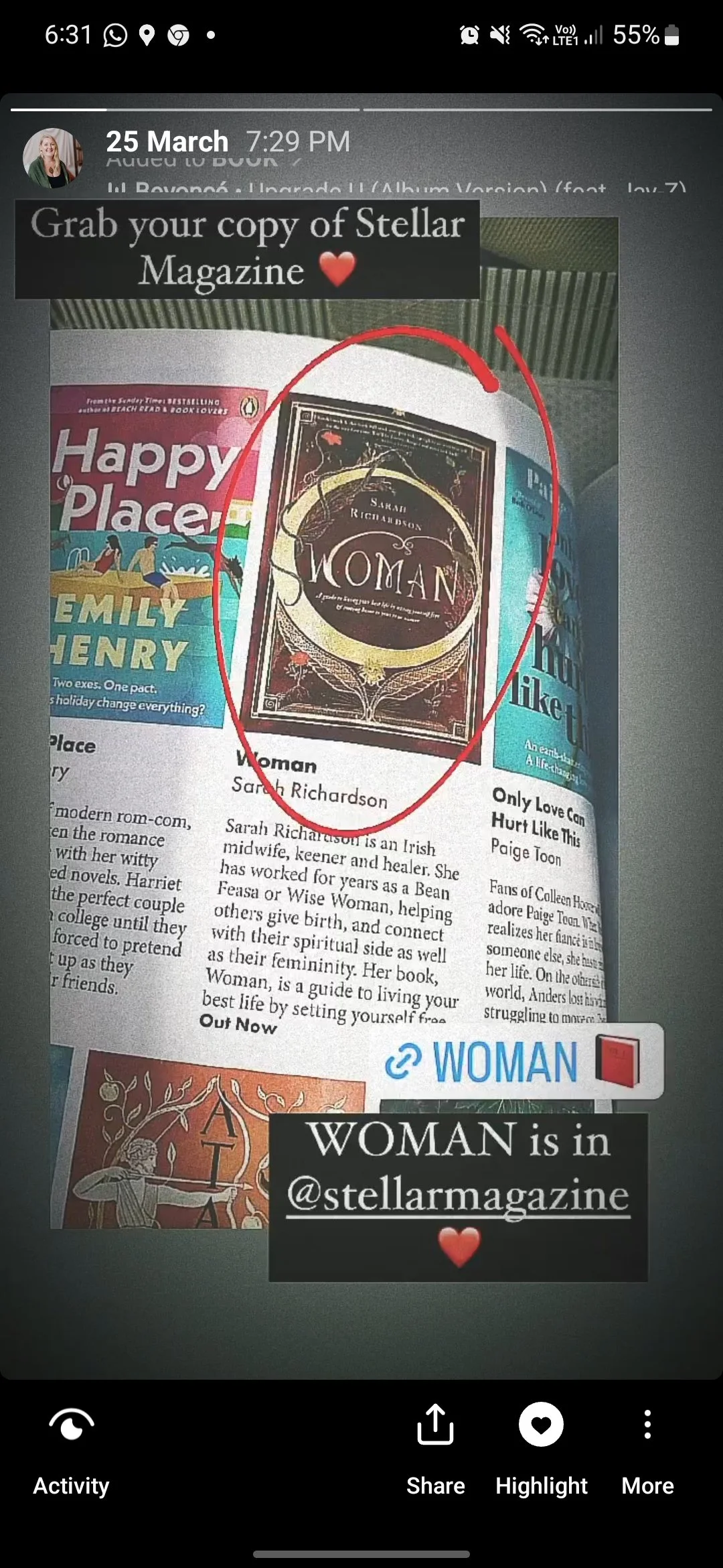 A screenshot of a social media post promoting Stella Magazine, featuring an image of a new book titled 'Woman' by Sarah Richardson, highlighted with a red oval. The post includes text encouraging readers to grab a copy of the magazine, with additional mentions of the book and its author, and a note that 'WOMAN' is in @stellarmagazine.