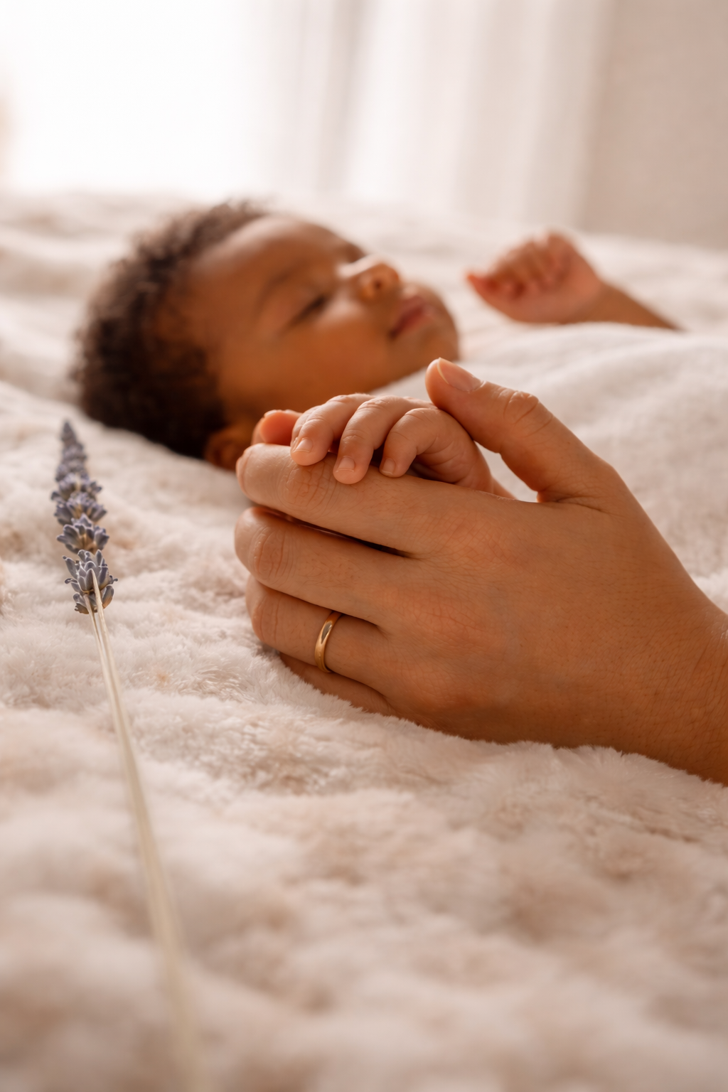 Close-up of an adult's hand holding a child's hand, lying on a soft white blanket. A small sprig of lavender lies nearby. In the background, a young child is lying on the blanket with eyes closed.
